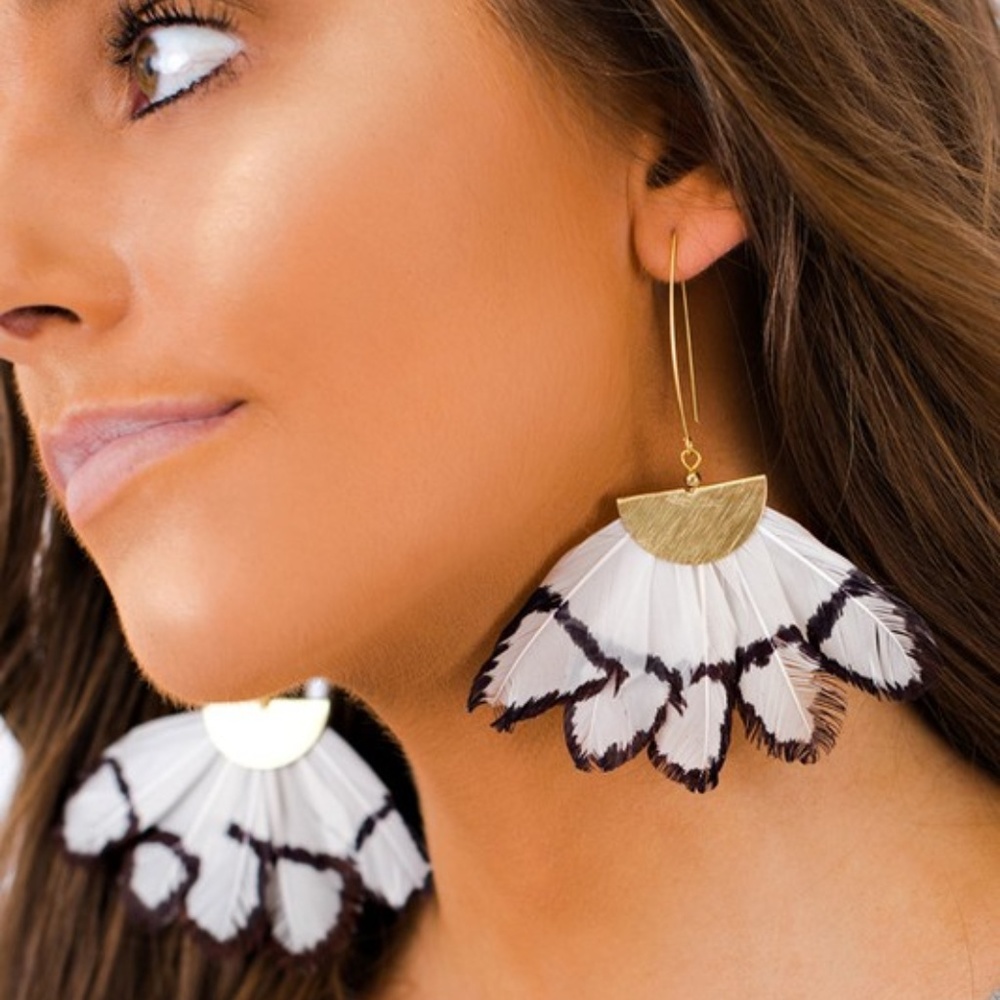 Black & Ivory White Feather Earrings